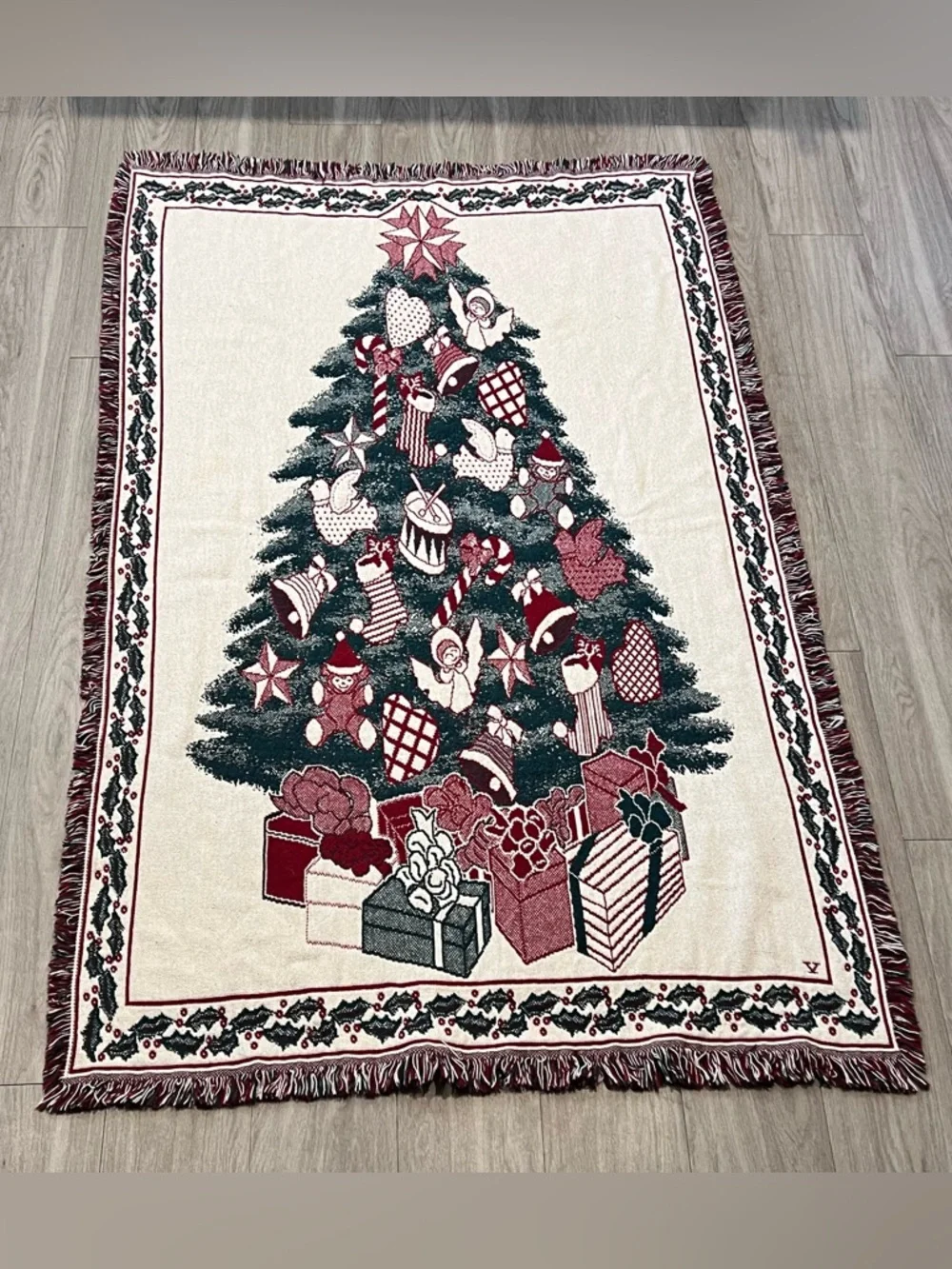 Vintage Christmas Tapestry Throw Blanket Tree Reversible Fringe Holiday Decor